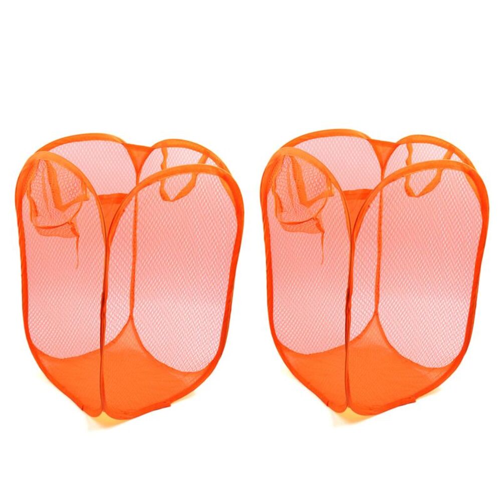 2pcs Mesh Bag Foldable Pop Up Dirty Clothes Storage Laundry Organizer Orange